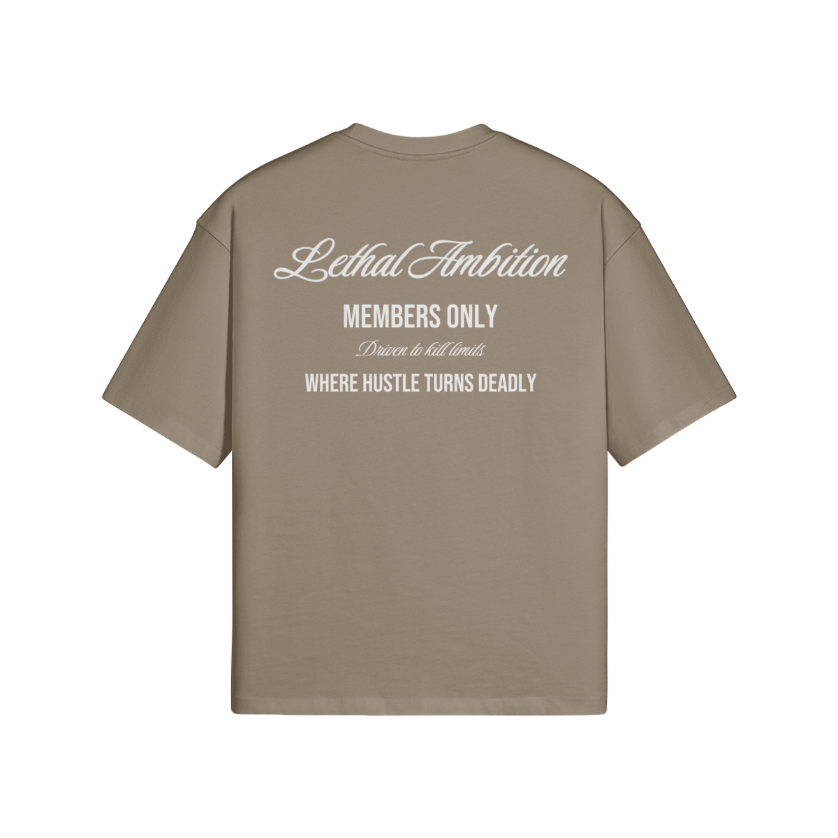 Members Only Tee boxy unisex cotton t-shirt back view in Americano by Lethal Ambition