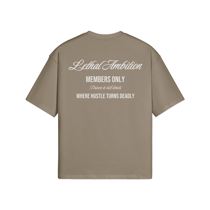 Members Only Tee boxy unisex cotton t-shirt back view in Americano by Lethal Ambition