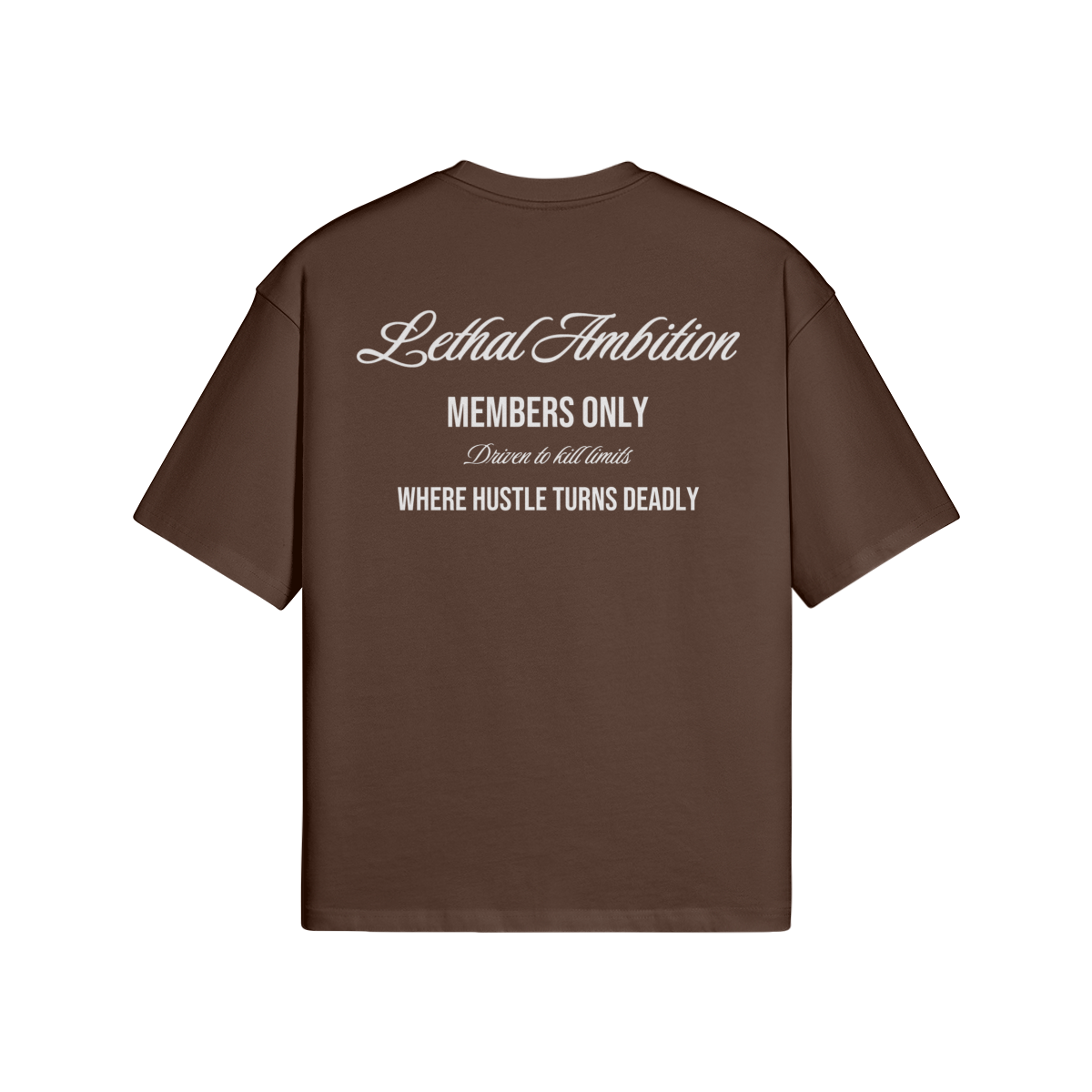 Members Only Tee boxy unisex cotton t-shirt back view in Dark Brown by Lethal Ambition
