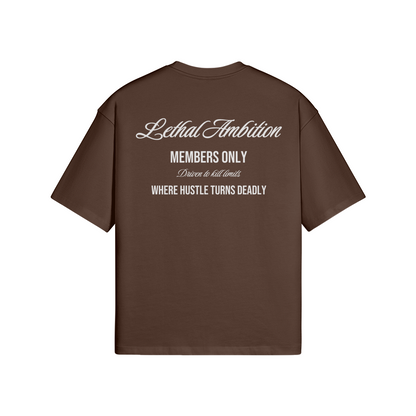 Members Only Tee boxy unisex cotton t-shirt back view in Dark Brown by Lethal Ambition