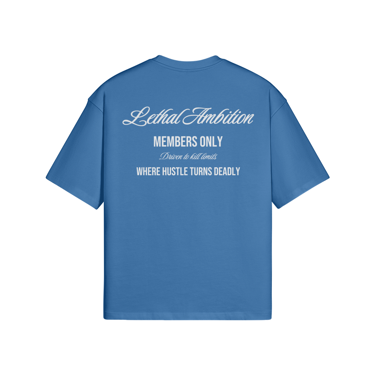 Members Only Tee boxy unisex cotton t-shirt back view in Dusty Blue by Lethal Ambition