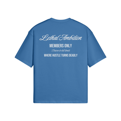 Members Only Tee boxy unisex cotton t-shirt back view in Dusty Blue by Lethal Ambition
