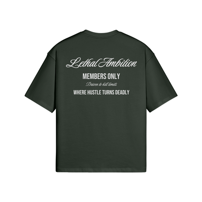 Members Only Tee boxy unisex cotton t-shirt back view in Jungle Green by Lethal Ambition