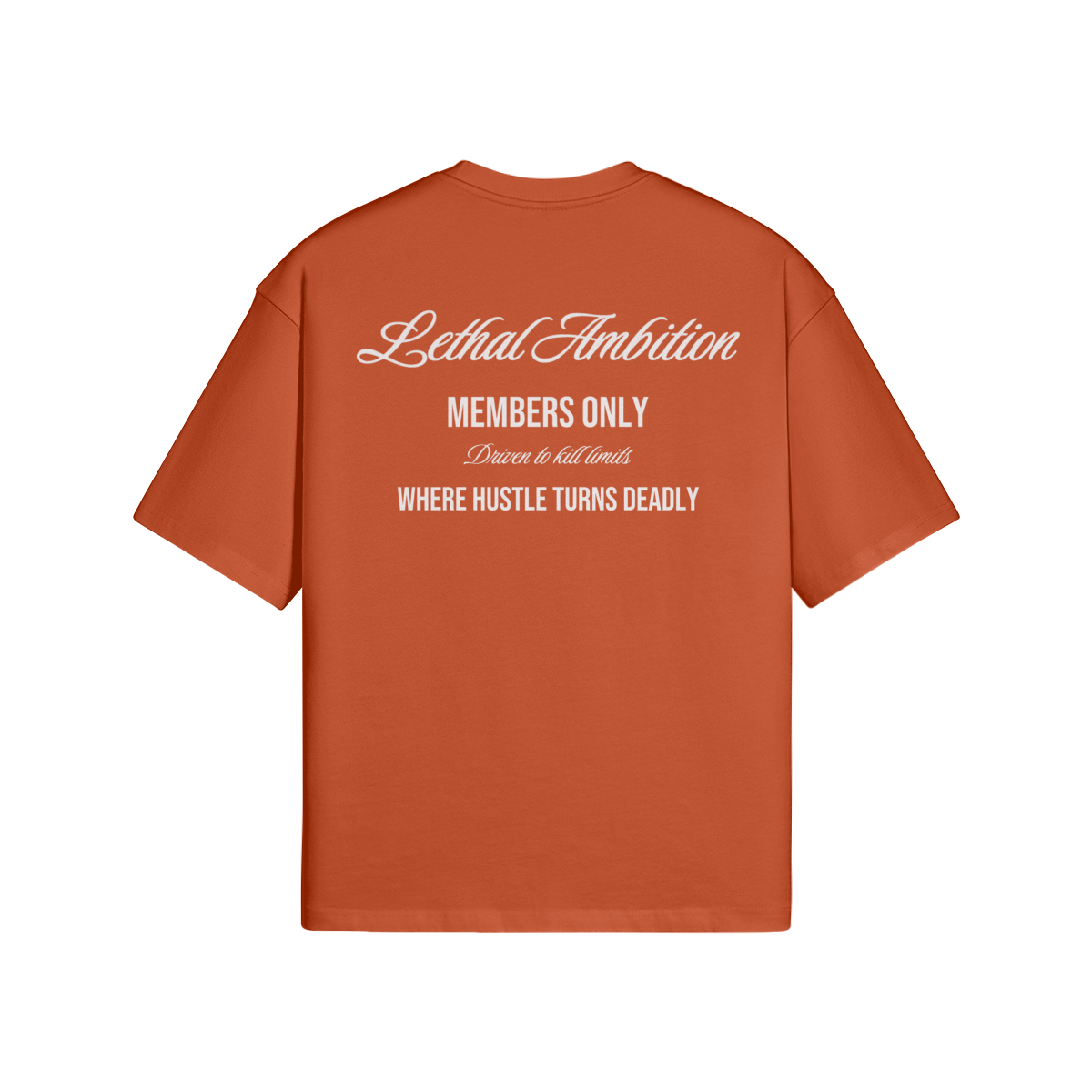 Members Only Tee boxy unisex cotton t-shirt back view in Sinopia by Lethal Ambition