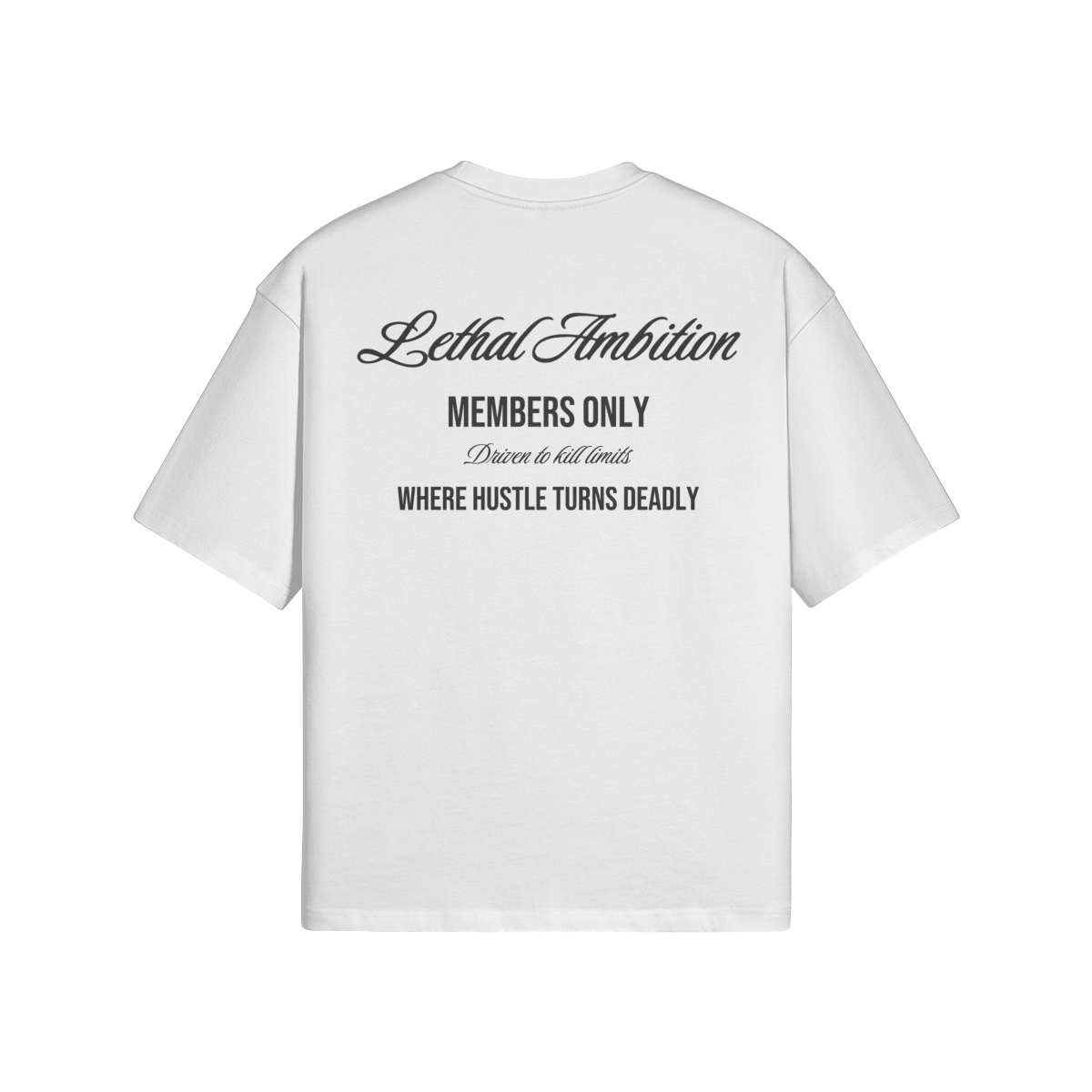 Members Only Tee boxy unisex cotton t-shirt back view in White by Lethal Ambition