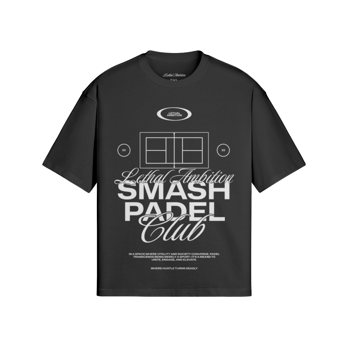 Smash Padel Club Lethal Tee boxy unisex cotton streetwear t-shirt front view in Black with white logo by Lethal Ambition