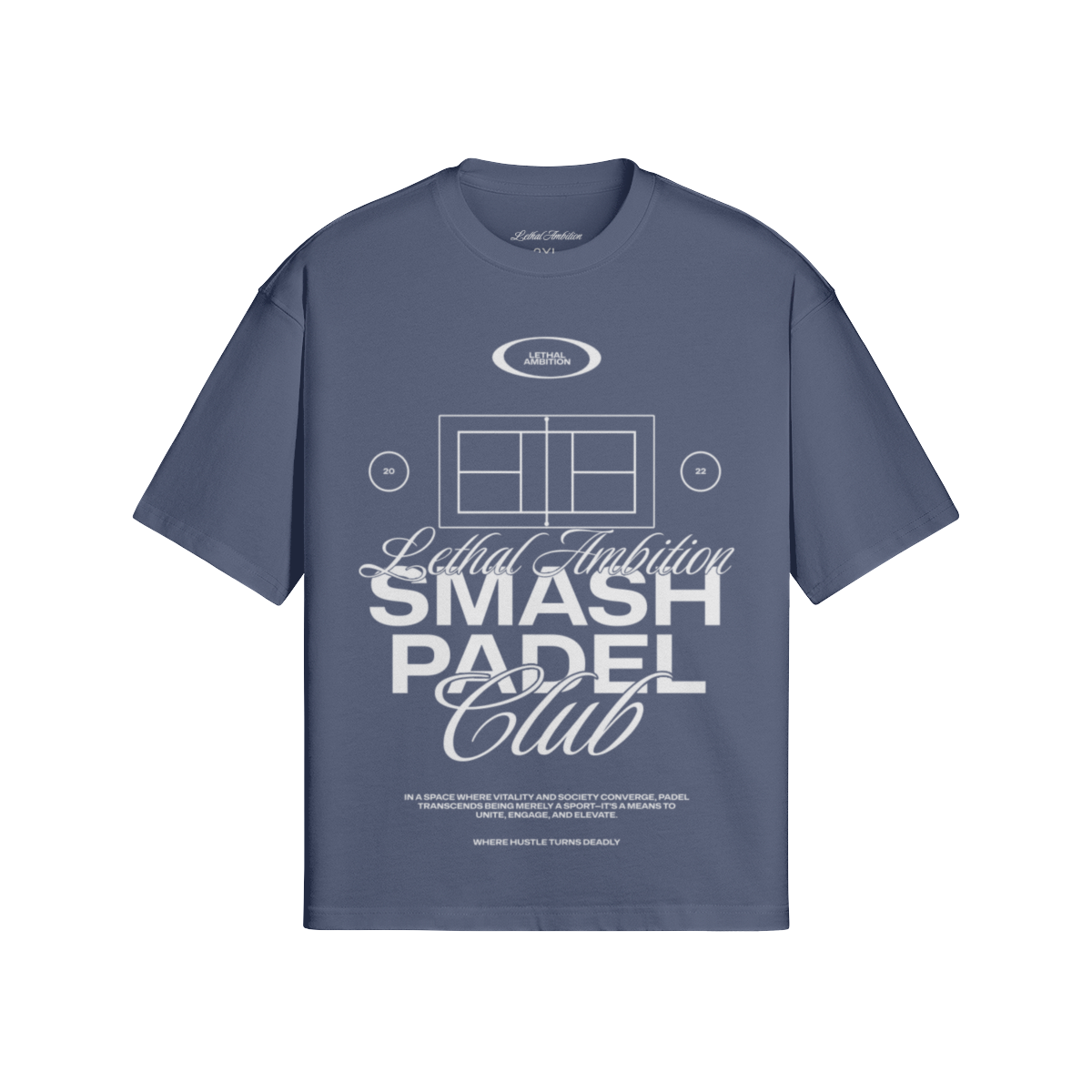 Smash Padel Club Lethal Tee boxy unisex cotton streetwear t-shirt front view in Slate with white logo by Lethal Ambition
