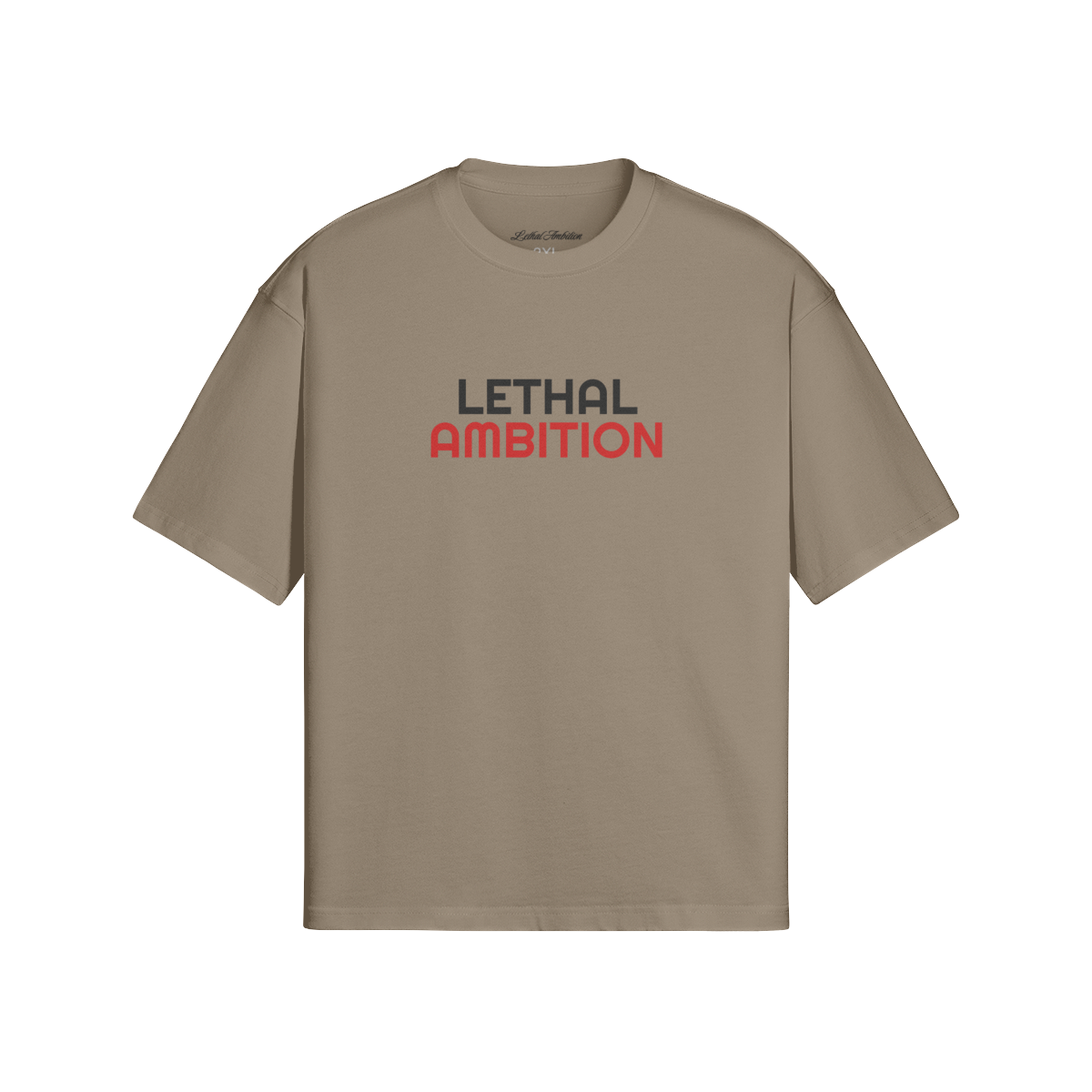 Vertical Lethal Tee boxy unisex cotton streetwear t-shirt front view in Americano with black logo by Lethal Ambition
