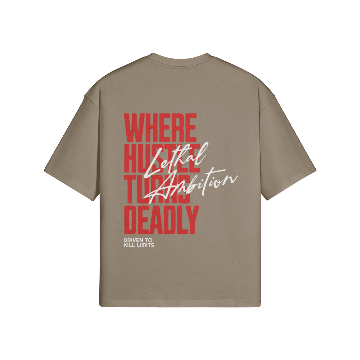 Vertical Lethal Tee boxy unisex cotton streetwear t-shirt back view in Americano with white logo by Lethal Ambition