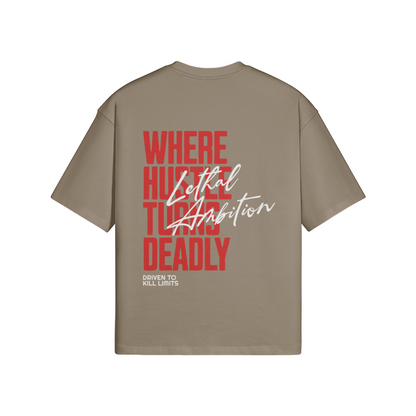 Vertical Lethal Tee boxy unisex cotton streetwear t-shirt back view in Americano with white logo by Lethal Ambition