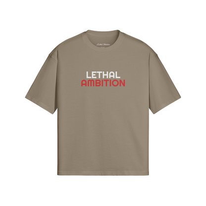 Vertical Lethal Tee boxy unisex cotton streetwear t-shirt front view in Americano with white logo by Lethal Ambition
