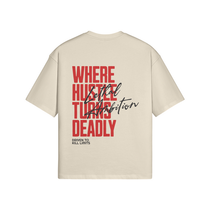 Vertical Lethal Tee boxy unisex cotton streetwear t-shirt back view in Apricot with black logo by Lethal Ambition