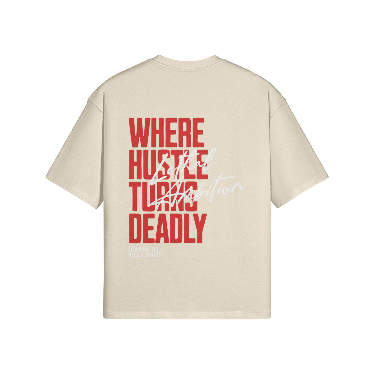 Vertical Lethal Tee boxy unisex cotton streetwear t-shirt back view in Apricot with white logo by Lethal Ambition