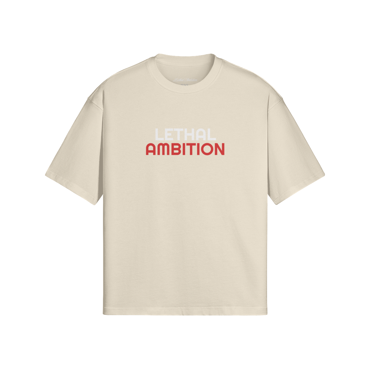 Vertical Lethal Tee boxy unisex cotton streetwear t-shirt front view in Apricot with white logo by Lethal Ambition