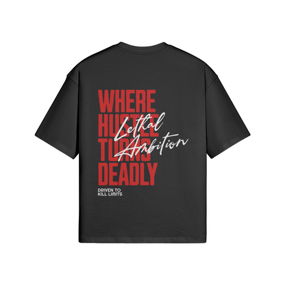 Vertical Lethal Tee boxy unisex cotton streetwear t-shirt back view in Black with white logo by Lethal Ambition