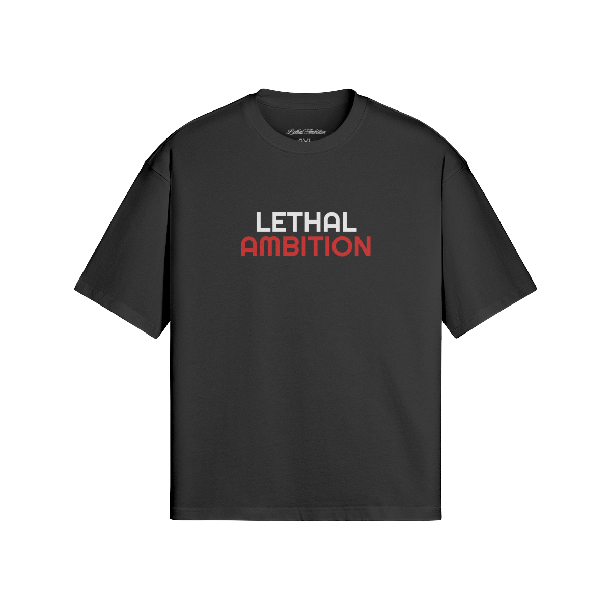 Vertical Lethal Tee boxy unisex cotton streetwear t-shirt front view in Black with white logo by Lethal Ambition