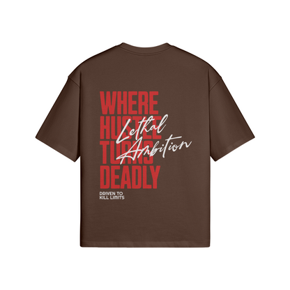 Vertical Lethal Tee boxy unisex cotton streetwear t-shirt back view in Brown with white logo by Lethal Ambition