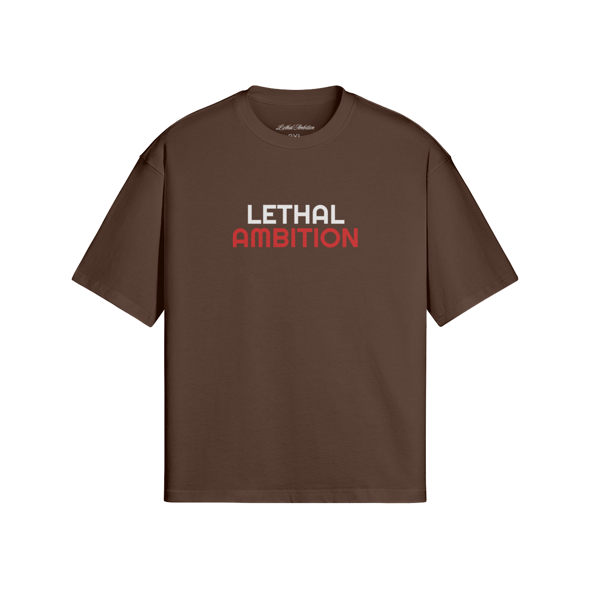 Vertical Lethal Tee boxy unisex cotton streetwear t-shirt front view in Dark Brown with white logo by Lethal Ambition
