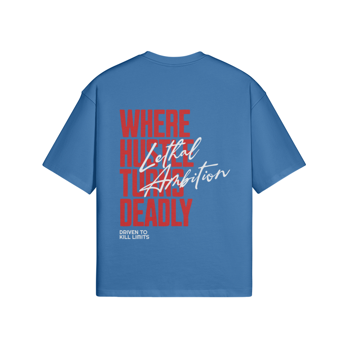 Vertical Lethal Tee boxy unisex cotton streetwear t-shirt back view in Dusty Blue with white logo by Lethal Ambition