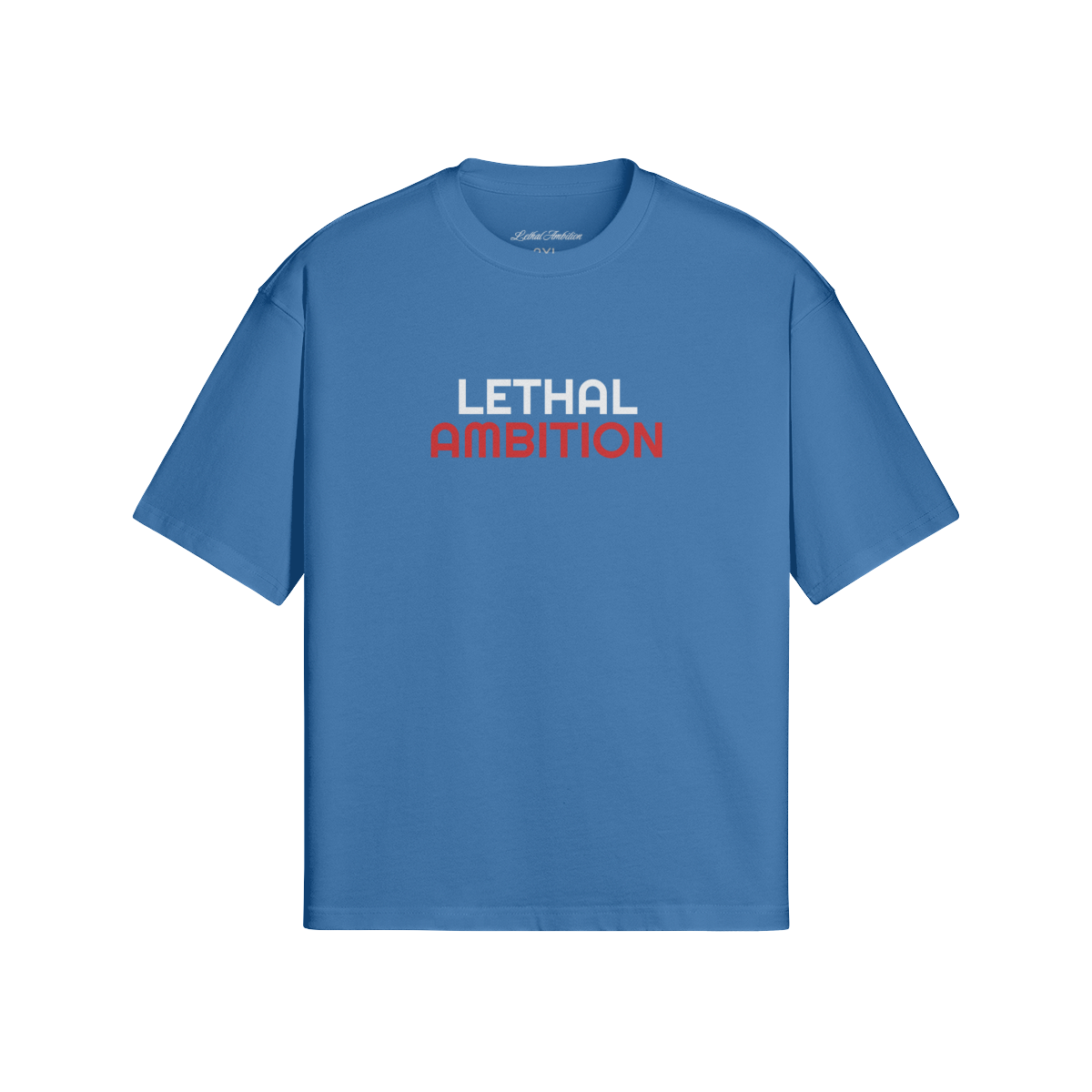 Vertical Lethal Tee boxy unisex cotton streetwear t-shirt front view in Dusty Blue with white logo by Lethal Ambition