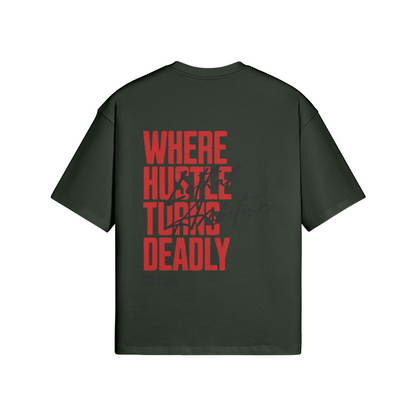 Vertical Lethal Tee boxy unisex cotton streetwear t-shirt back view in Jungle Green with black logo by Lethal