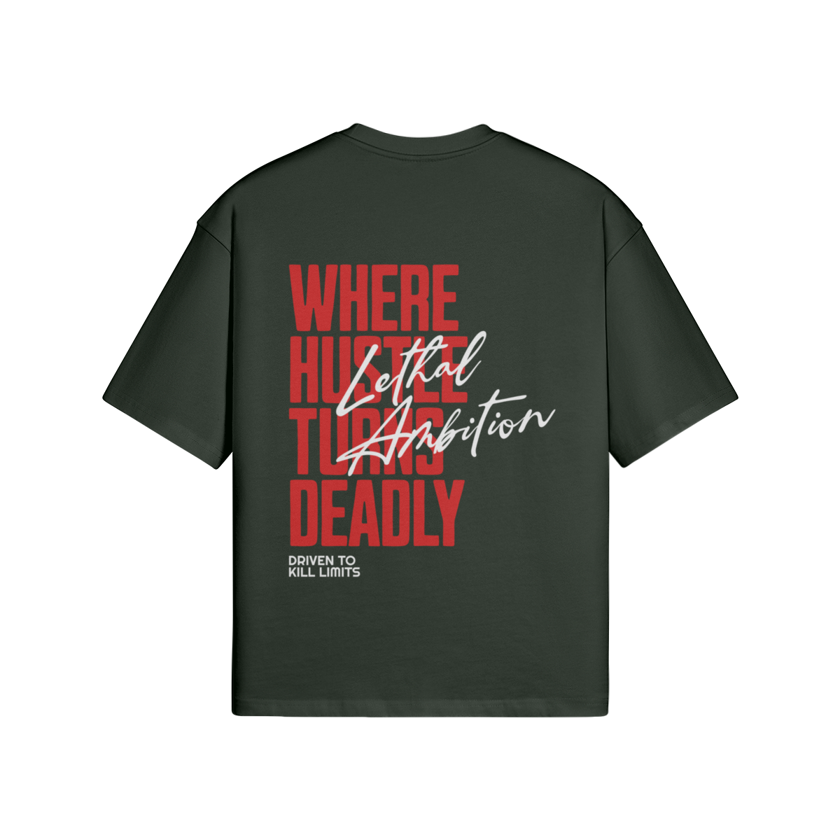 Vertical Lethal Tee boxy unisex cotton streetwear t-shirt back view in Jungle Green with white logo by Lethal Ambition