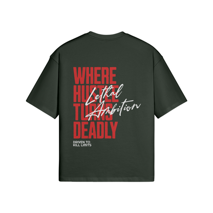 Vertical Lethal Tee boxy unisex cotton streetwear t-shirt back view in Jungle Green with white logo by Lethal Ambition