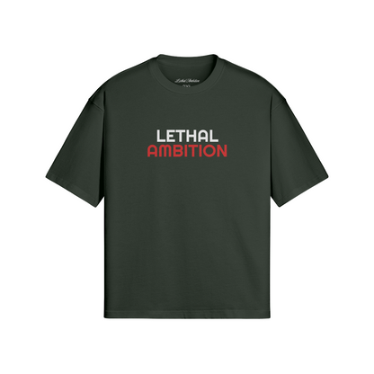 Vertical Lethal Tee boxy unisex cotton streetwear t-shirt front view in Jungle Green with white logo by Lethal Ambition