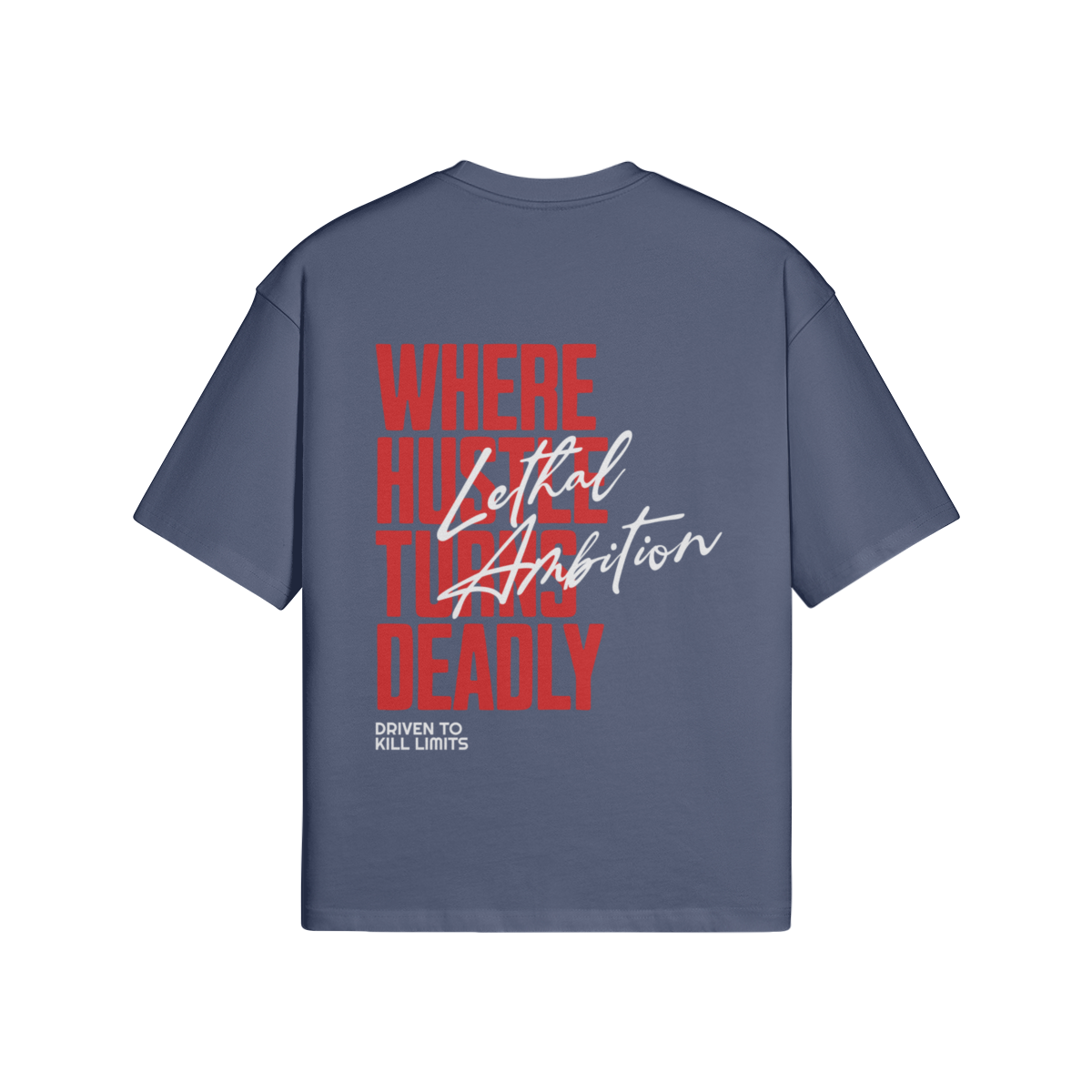 Vertical Lethal Tee boxy unisex cotton streetwear t-shirt back view in Slate with white logo by Lethal Ambition