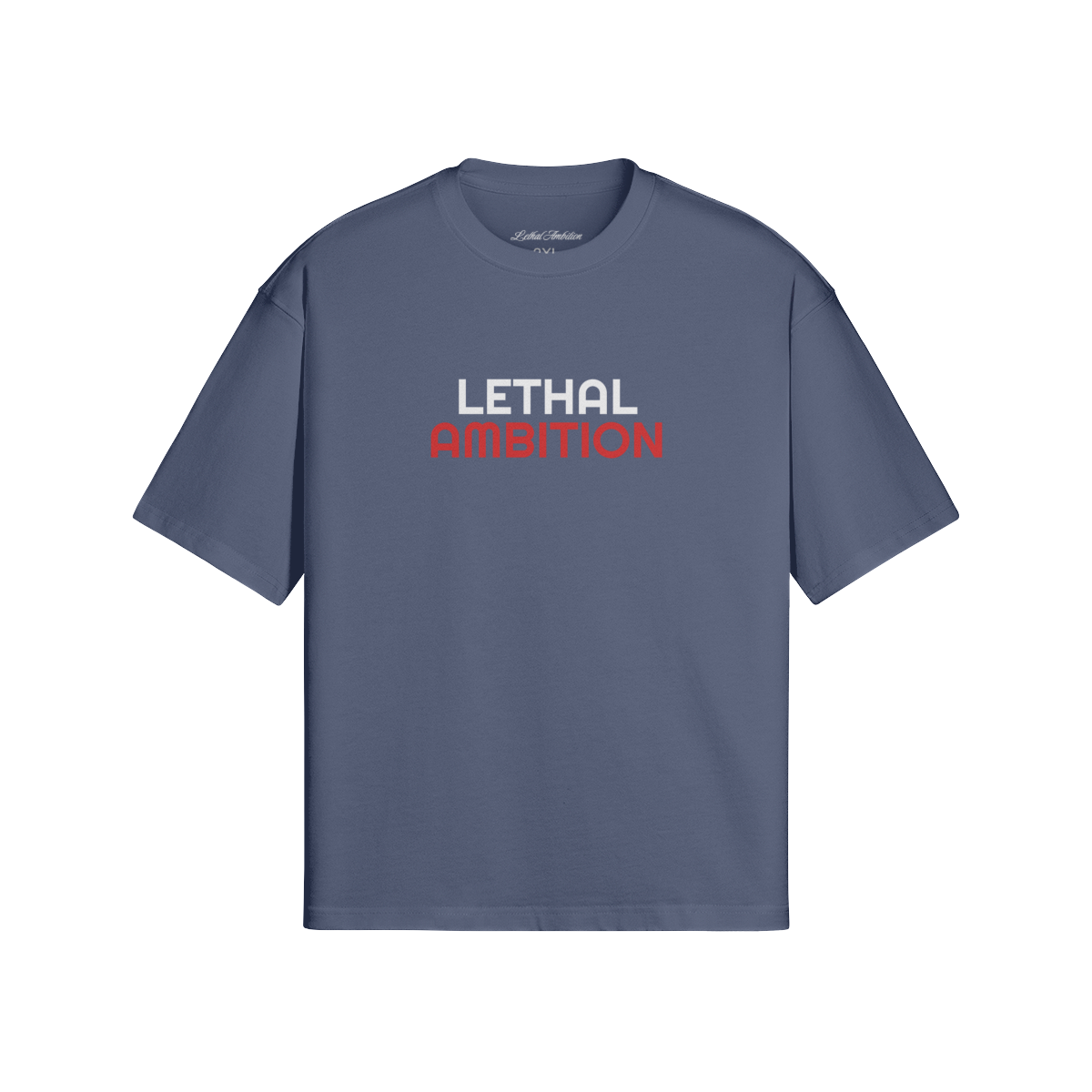 Vertical Lethal Tee boxy unisex cotton streetwear t-shirt front view in Slate with white logo by Lethal Ambition