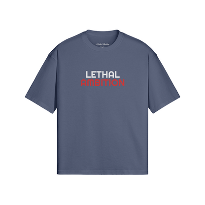 Vertical Lethal Tee boxy unisex cotton streetwear t-shirt front view in Slate with white logo by Lethal Ambition
