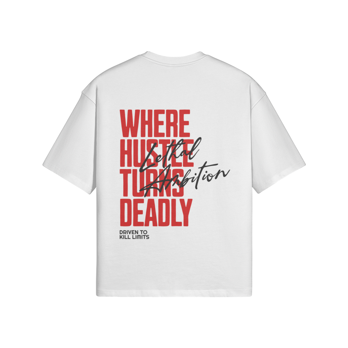 Vertical Lethal Tee boxy unisex cotton streetwear t-shirt back view in White by Lethal Ambition