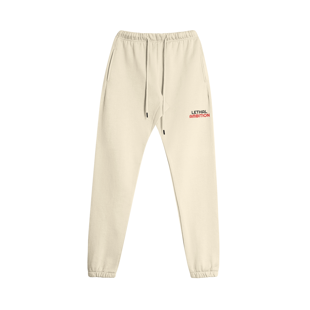 Beige sweatpants with red text on a white background